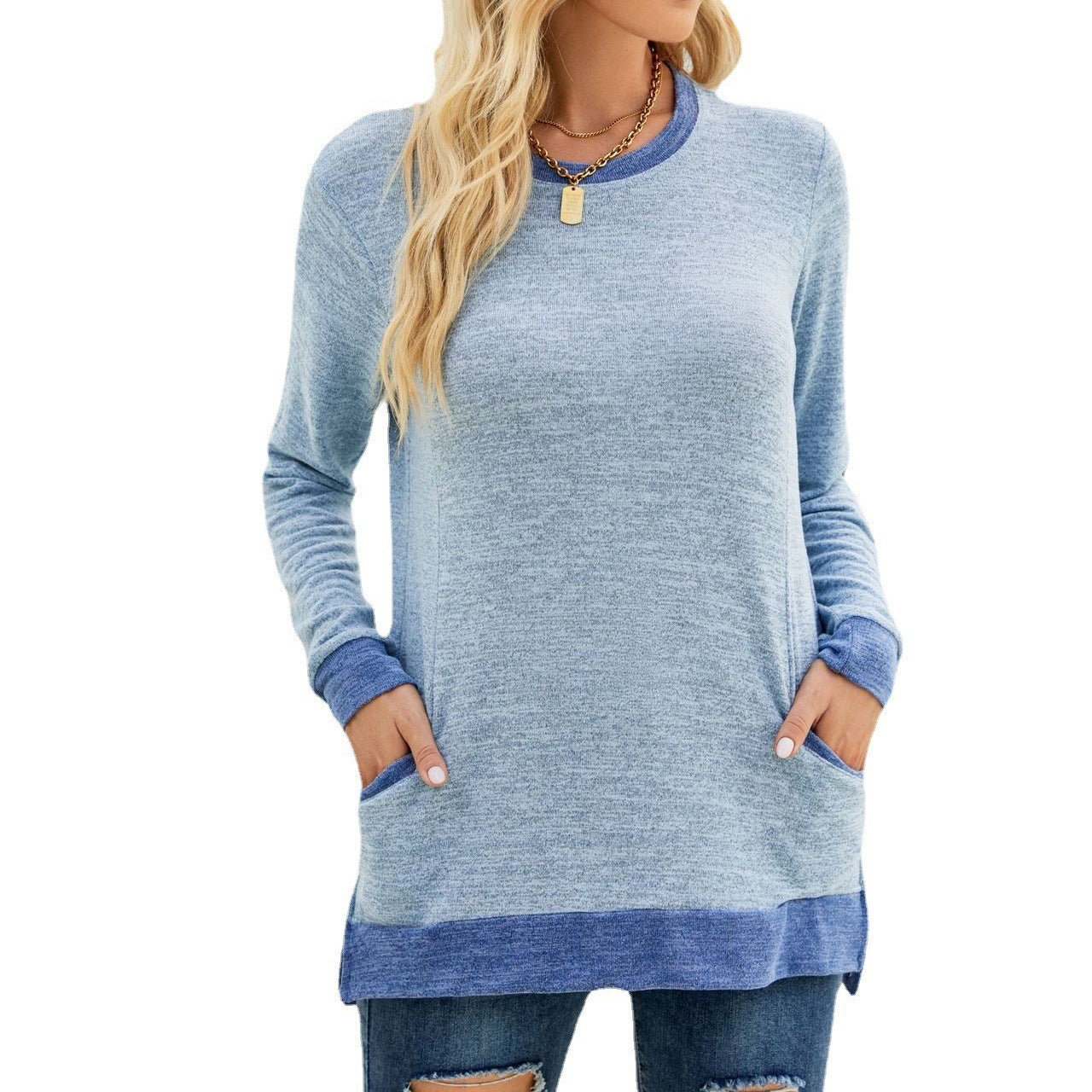 Women's Round Neck Multicolor Pocket Long Sleeve Tops