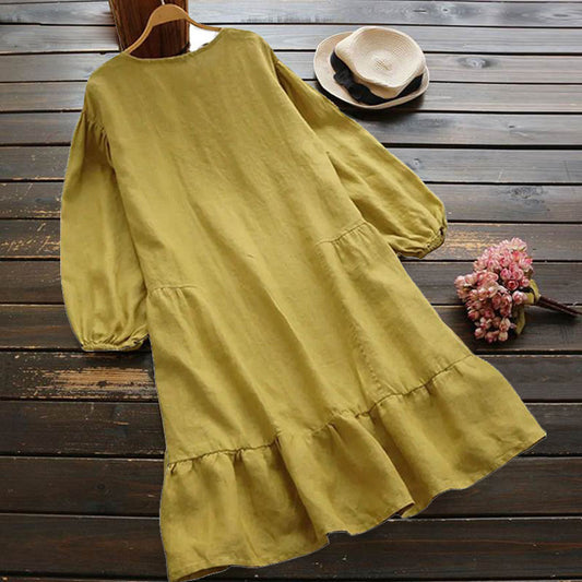 Women's Style Solid Color Cotton Linen Dress Patchwork Ruffled Dresses