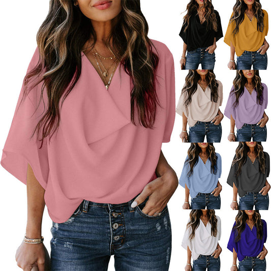 Women's Chiffon Loose V-neck Casual T-shirt Shirt Blouses