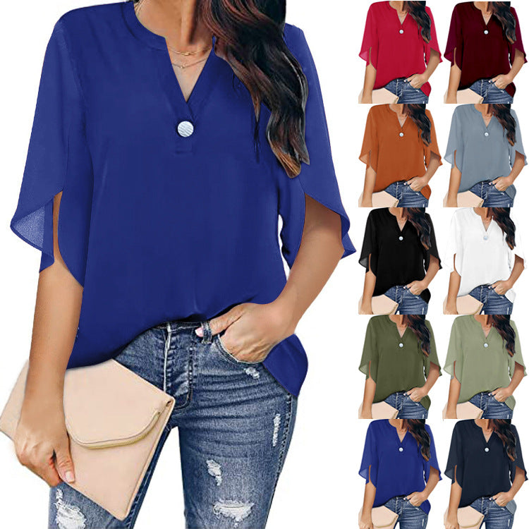 Women's Sleeve Elegant Casual Solid Color V-neck Blouses