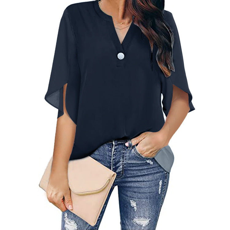 Women's Sleeve Elegant Casual Solid Color V-neck Blouses