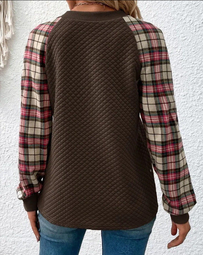 Women's Diamond Plaid Stitching Long Sleeve Crew Sweaters