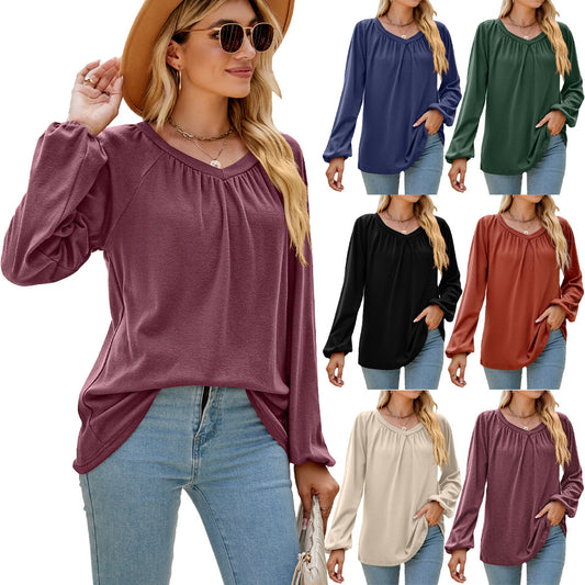 Women's Solid Color Long-sleeved V-neck Loose Pleated Tops