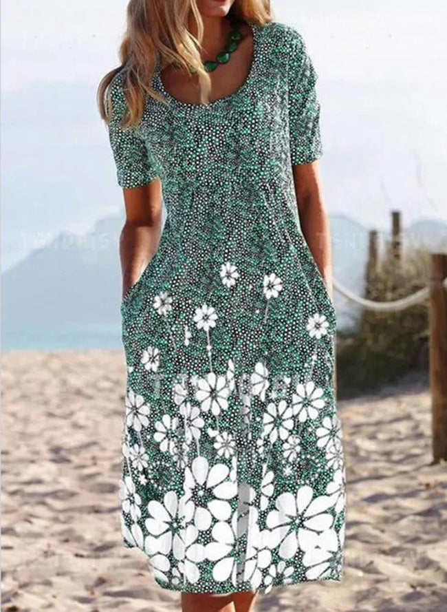 Women's Casual Round Neck Vintage Floral Sleeve Dresses