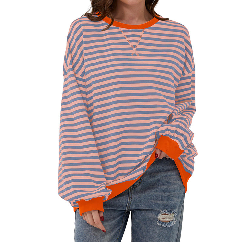 Women's T-shirt Summer Loose-fitting Striped Long Sleeves Blouses