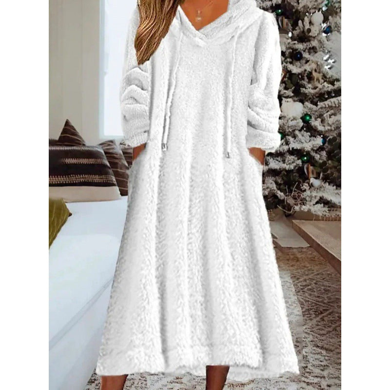 Loose Casual Fluff Hooded Long Sleeve Dresses