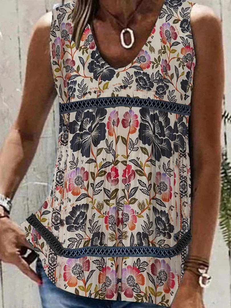 Lässige, ärmellose Blusen für Damen im Patchwork-Stil mit Sommerprint