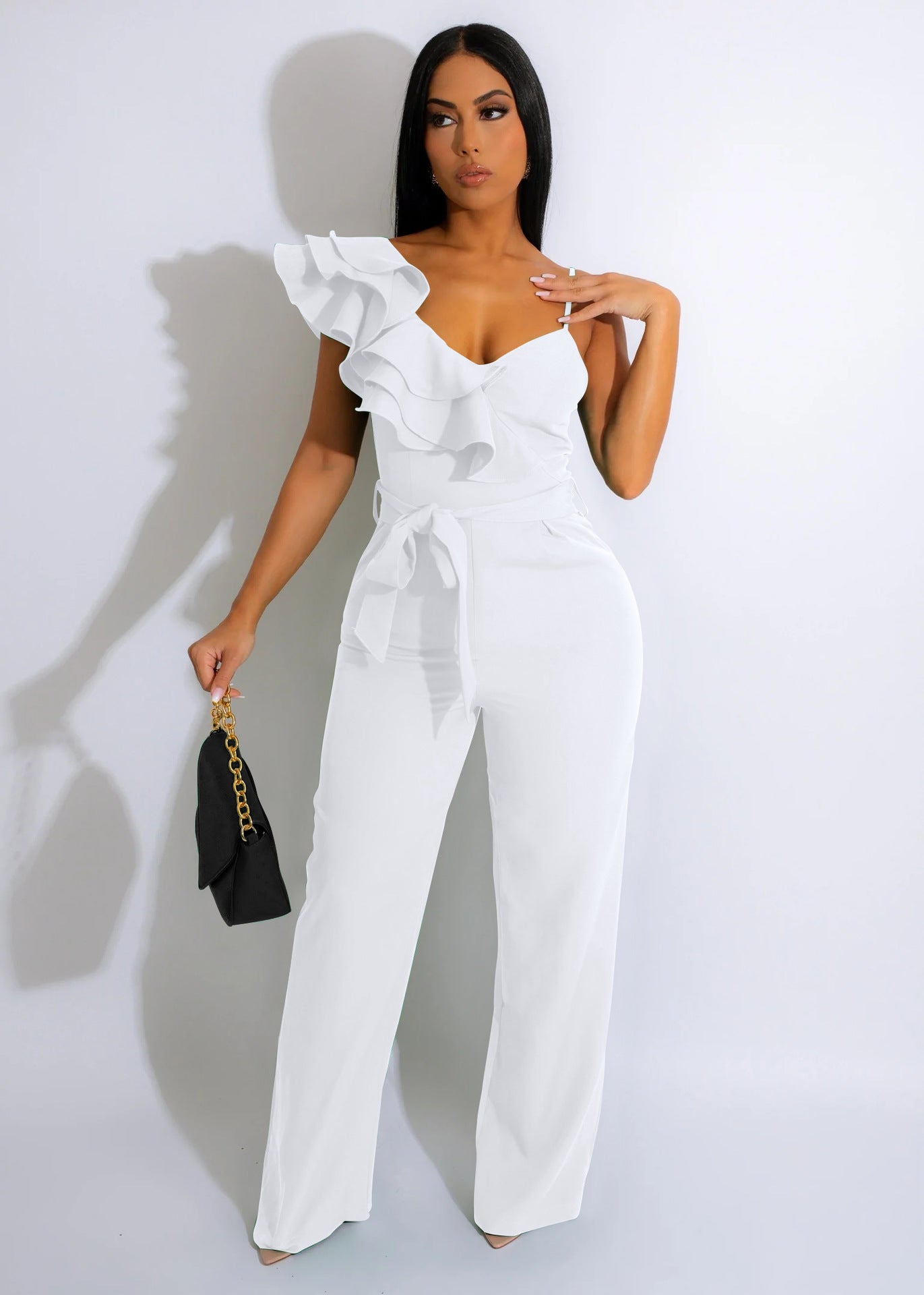 Women's Ruffles One-shoulder Sleeveless Waist Deep V Loose Solid Jumpsuits