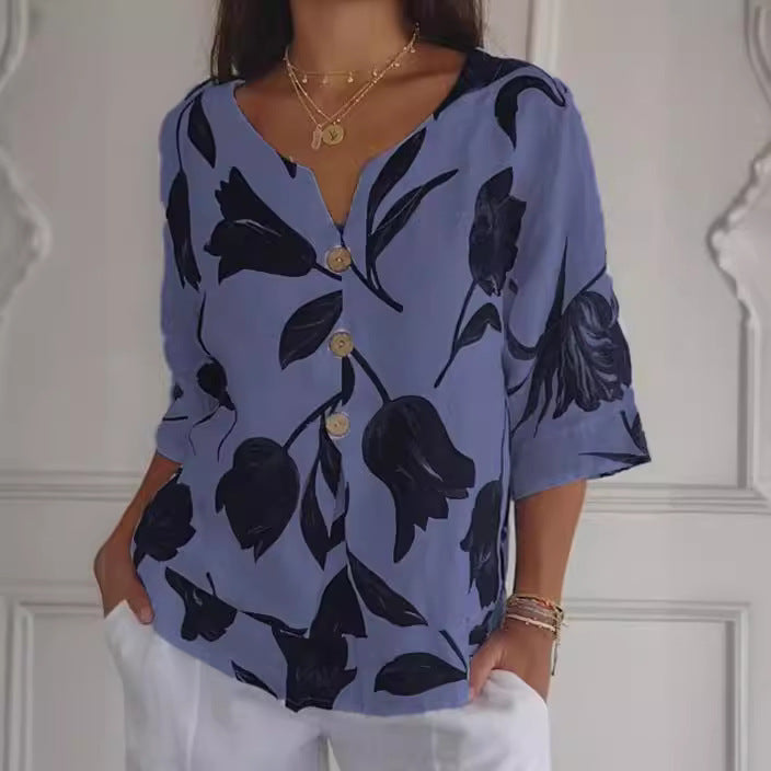 Printed Cotton Linen Short-sleeved Pullover Shirt Blouses