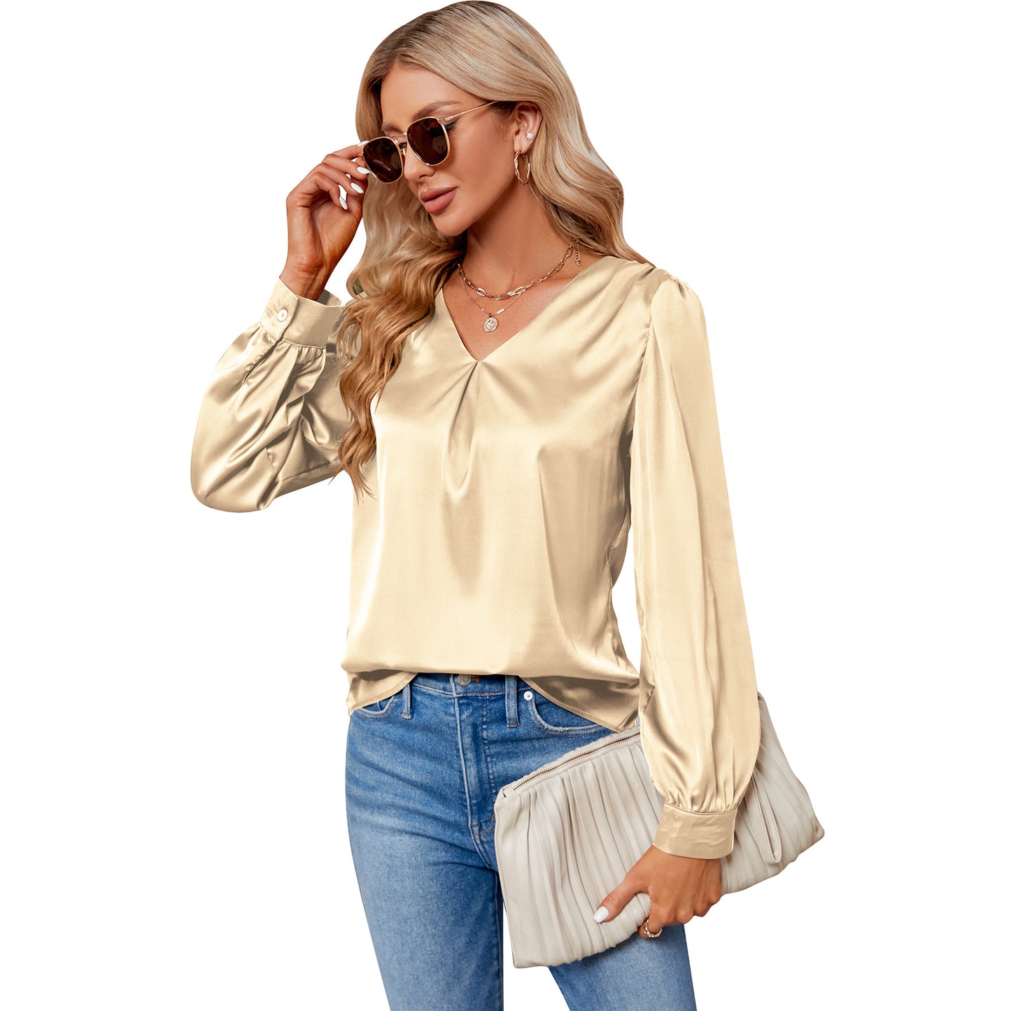 Blouses de chemise à manches longues plissées en satin créatif pour femmes