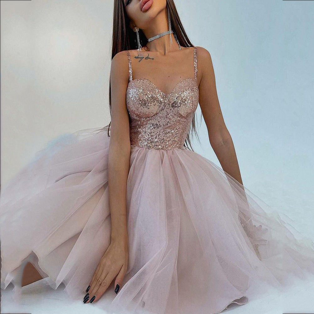 Dress Winter Sequined Pink Banquet Host Wedding Dresses