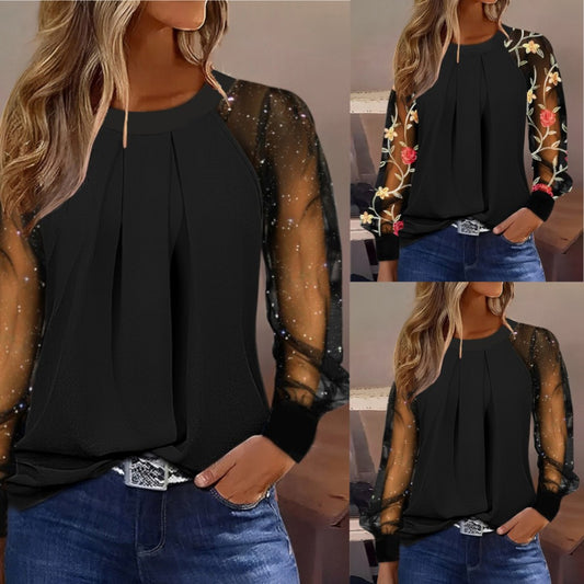 Women's Sleeve Fashion Round Neck Lace Stitching Blouses