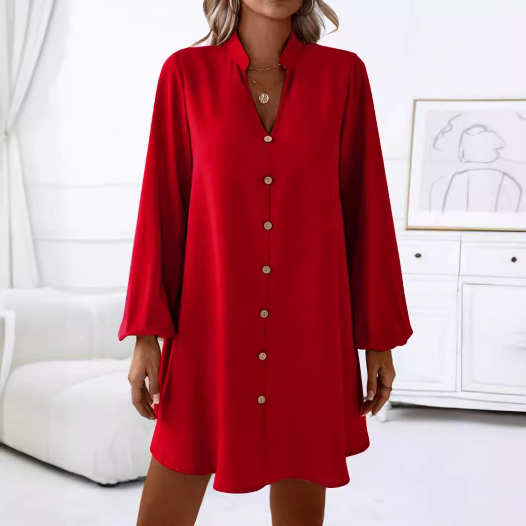 Robe ample à manches longues et simple boutonnage pour femme