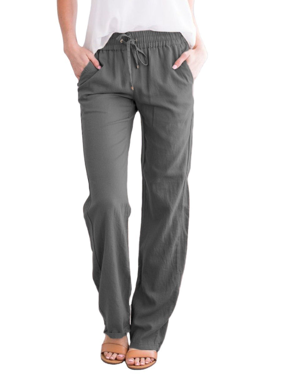 Women's Solid Color Cotton And Linen Loose Drawstring Pants