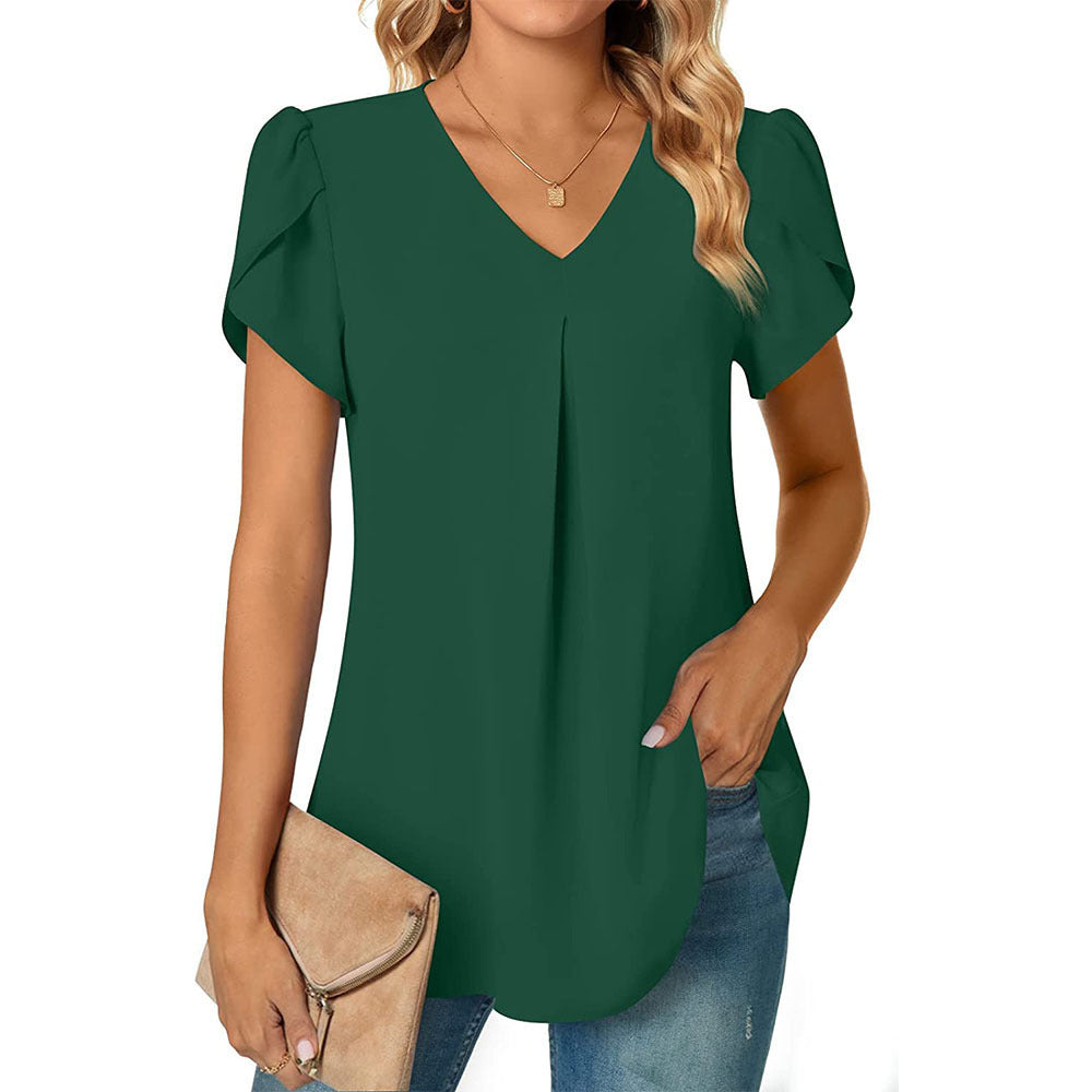 Women's Color Stitching Chiffon T-shirt Collar Sleeve Blouses