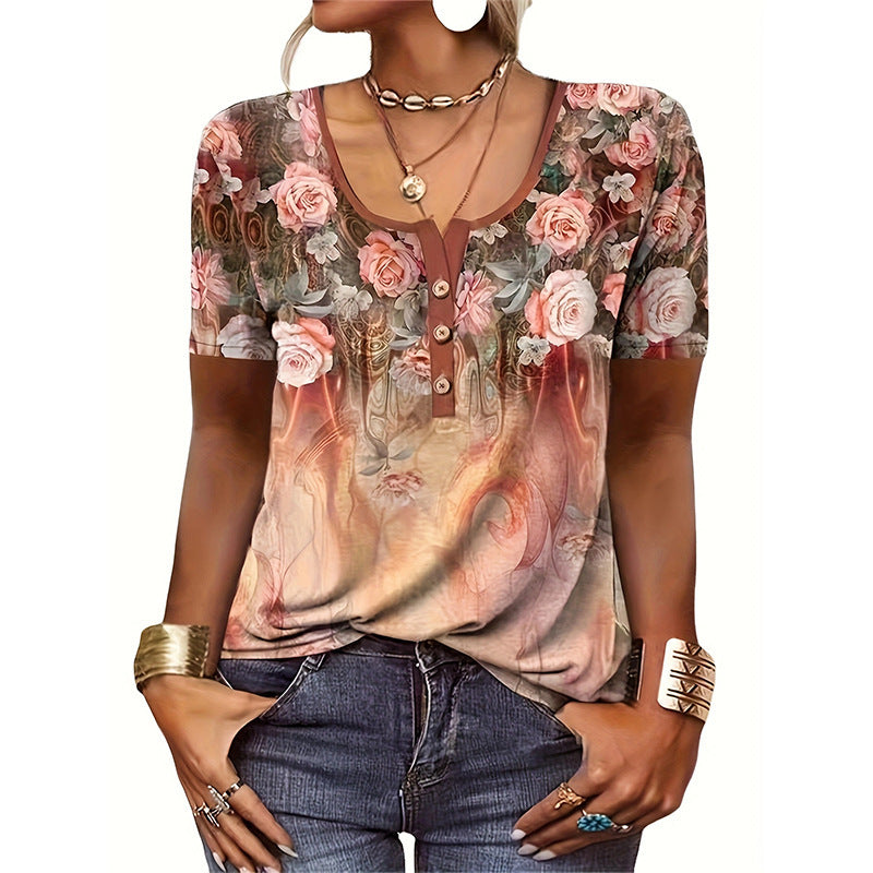 Women's Loose Short-sleeved Printed Ethnic Fashion T-shirt Blouses