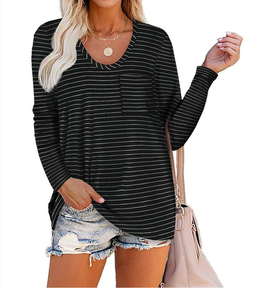 Women's T-shirt Round Neck Striped Pocket Long Sleeve Casual Tops