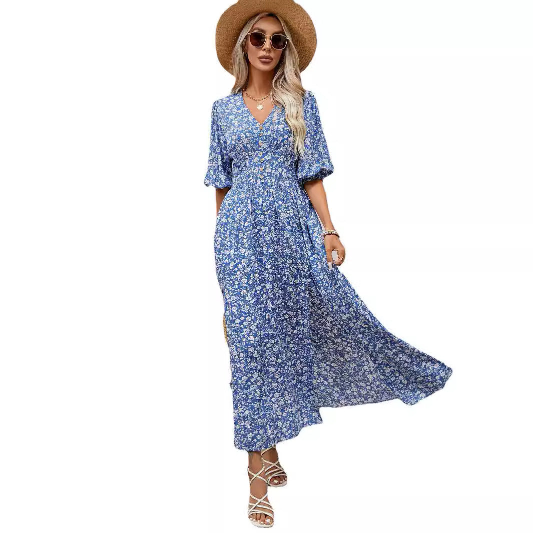 Women's Summer Lantern Sleeve Split Bohemian Beach Dresses