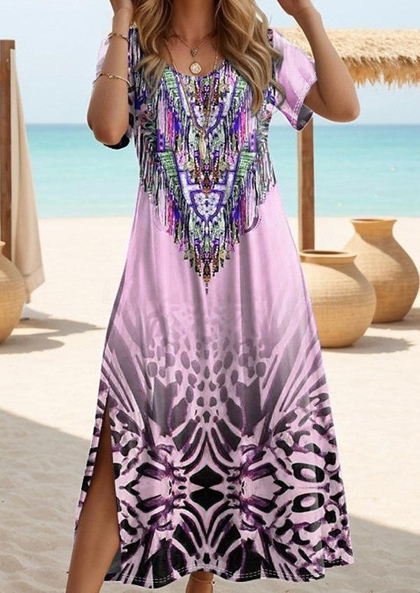 Summer Floral Print Slit Round Neck Dresses