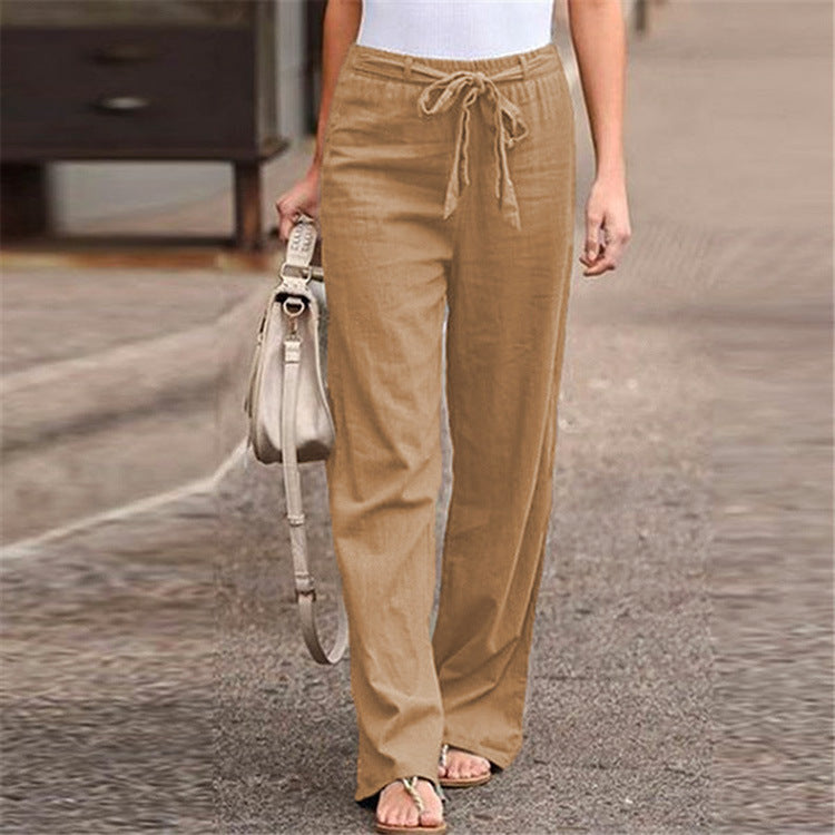 Women's Summer Elastic Waist Solid Color Cotton Linen Wide Leg Pants