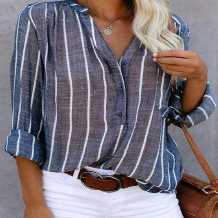 Women's Shirt Striped Half Casual Long Sleeve Blouses