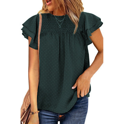 Women's Summer Solid Color Chiffon Loose Round Neck Pullover Sleeve Blouses