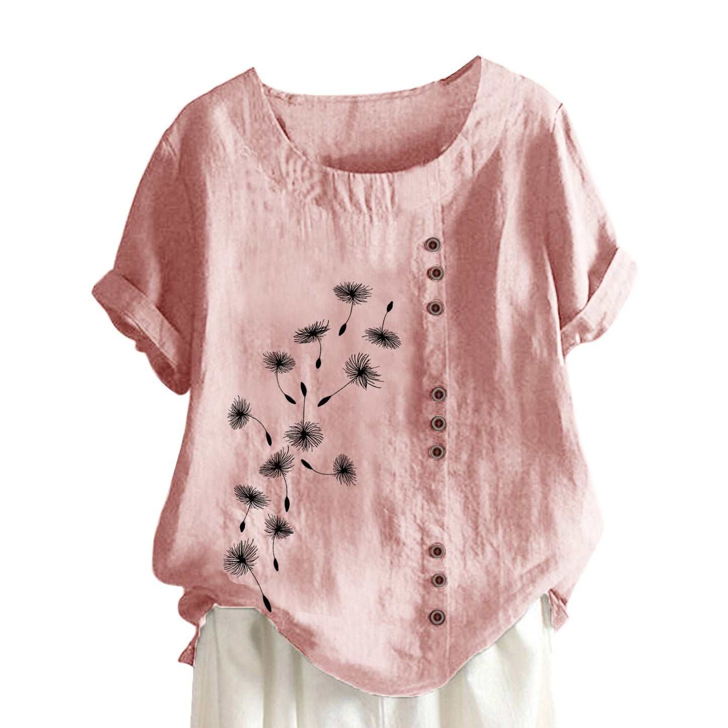 Sleeve With Buttons Round Neck Print Blouses