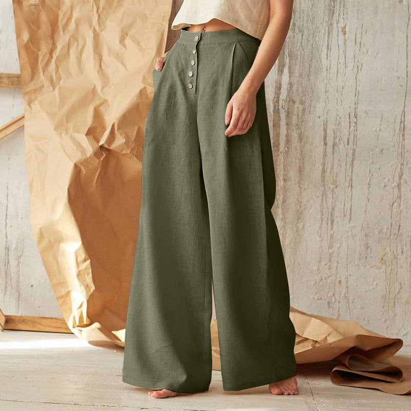 Women's Color High Waist Casual Button Cotton Pants