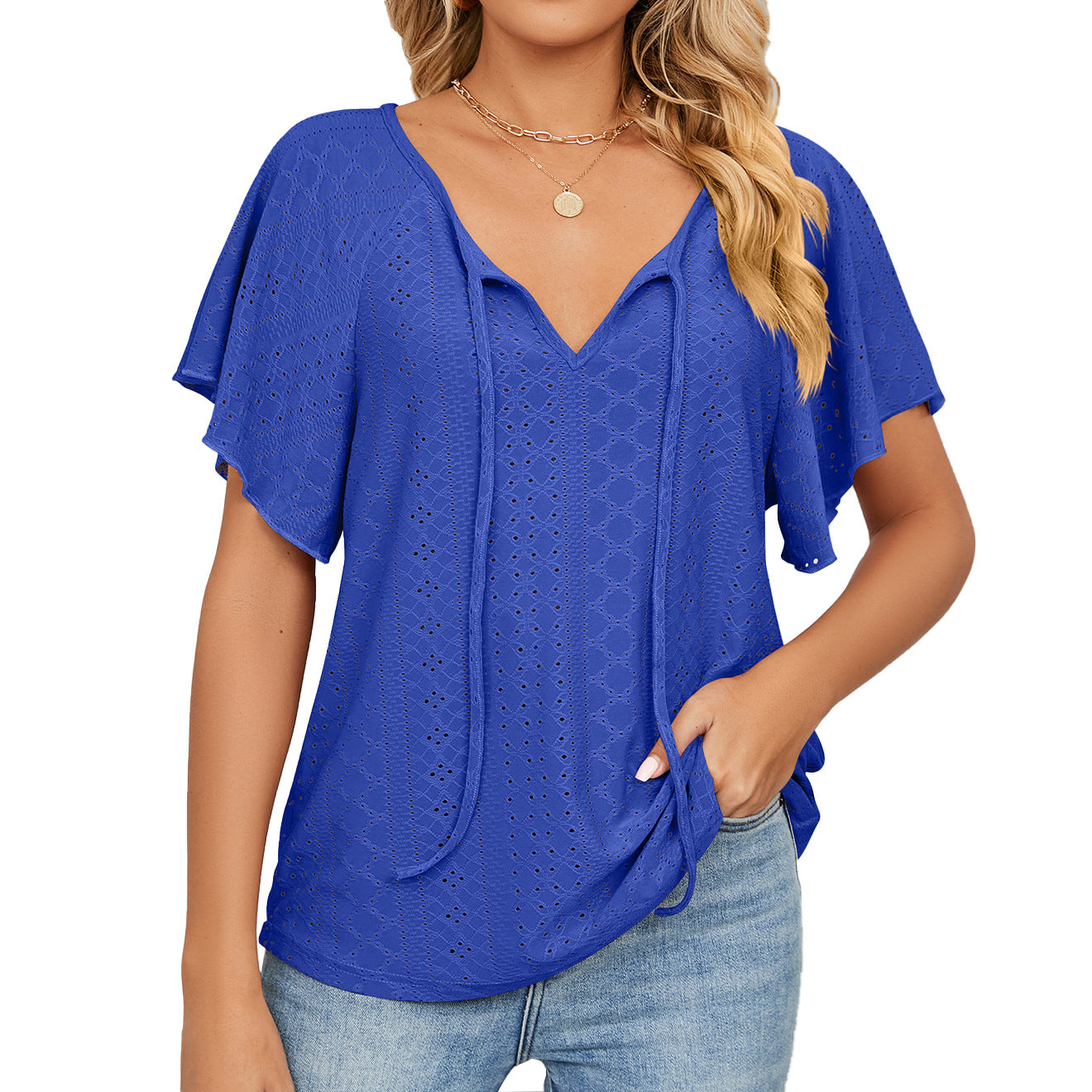 Women's Solid Color V-neck Lace-up Sleeve Loose Blouses