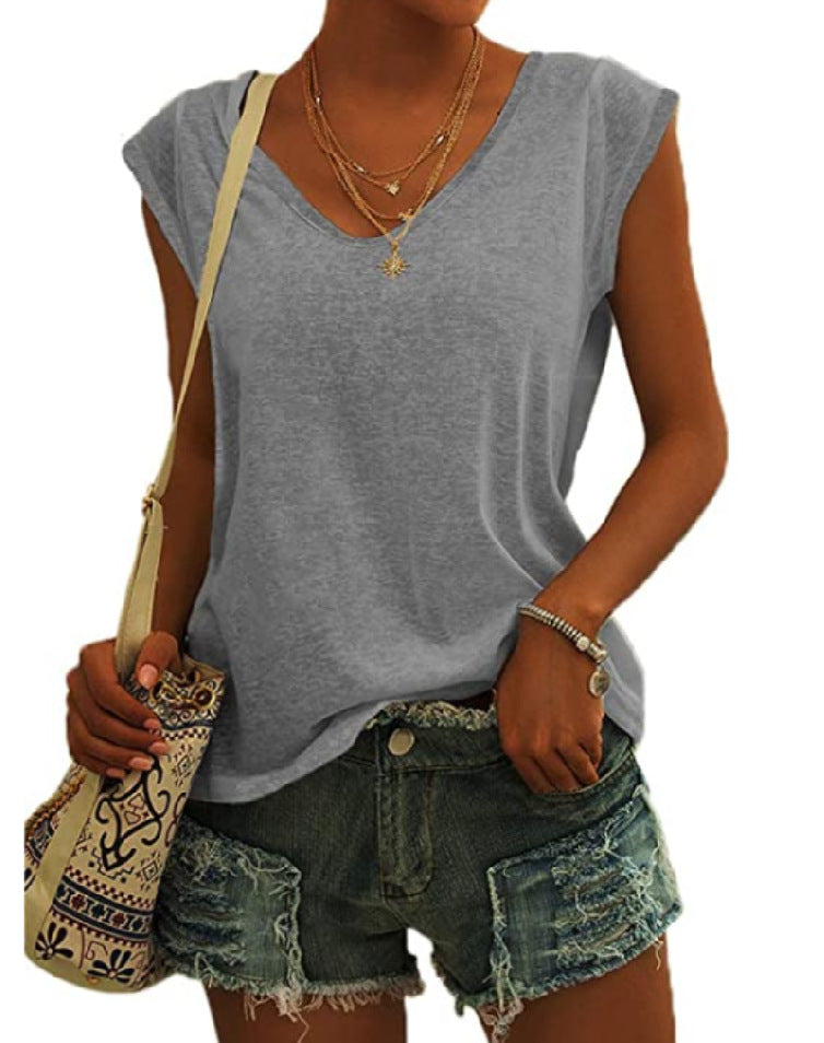 Women's Simple Solid Color V-neck Sleeve Loose Blouses