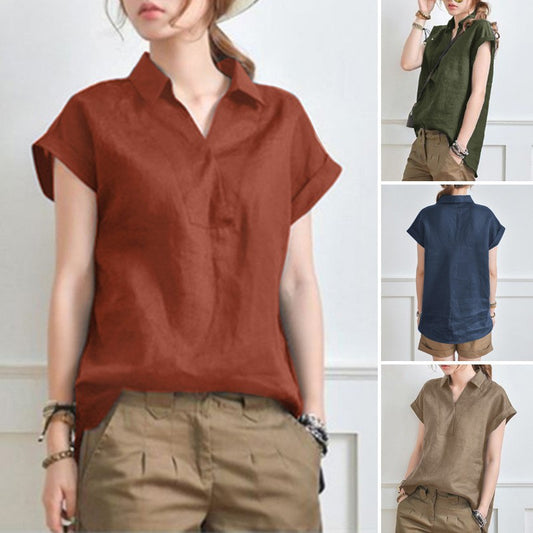 Women's Long Back Lapel Shirt Summer Linen Leisure Sleeve Shorts