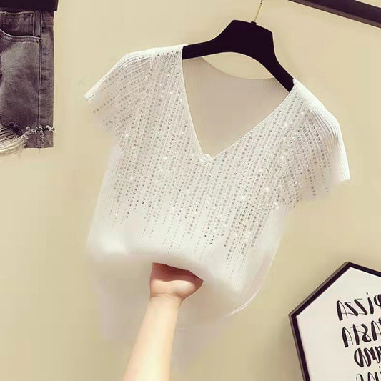 Tricot amincissant en soie glacée avec strass pour femmes