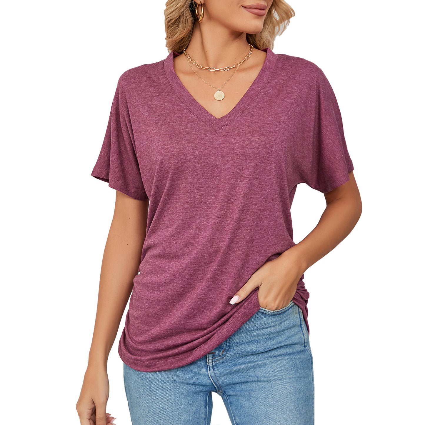 Women's Summer Leisure Pullover V-neck Solid Color Blouses