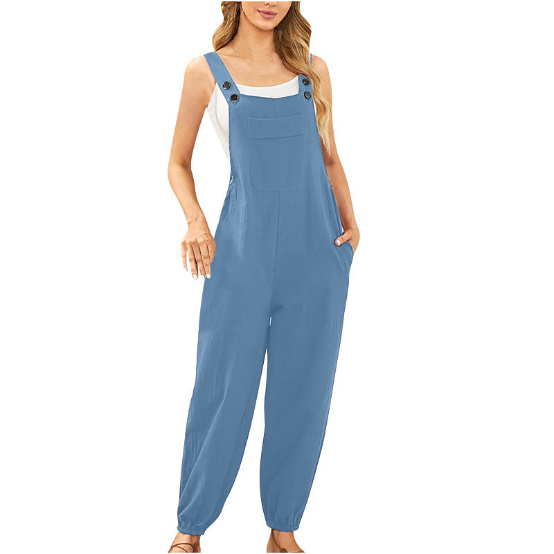 Lässiger, enger Jumpsuit aus Baumwollleinen mit Hosenträgertasche für Damen