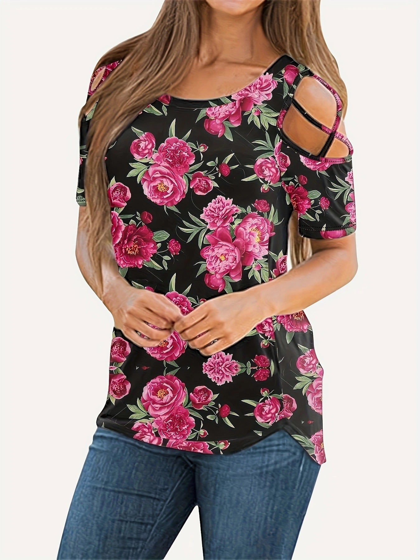 Women's Summer T-shirt Slimming Flower Print Blouses