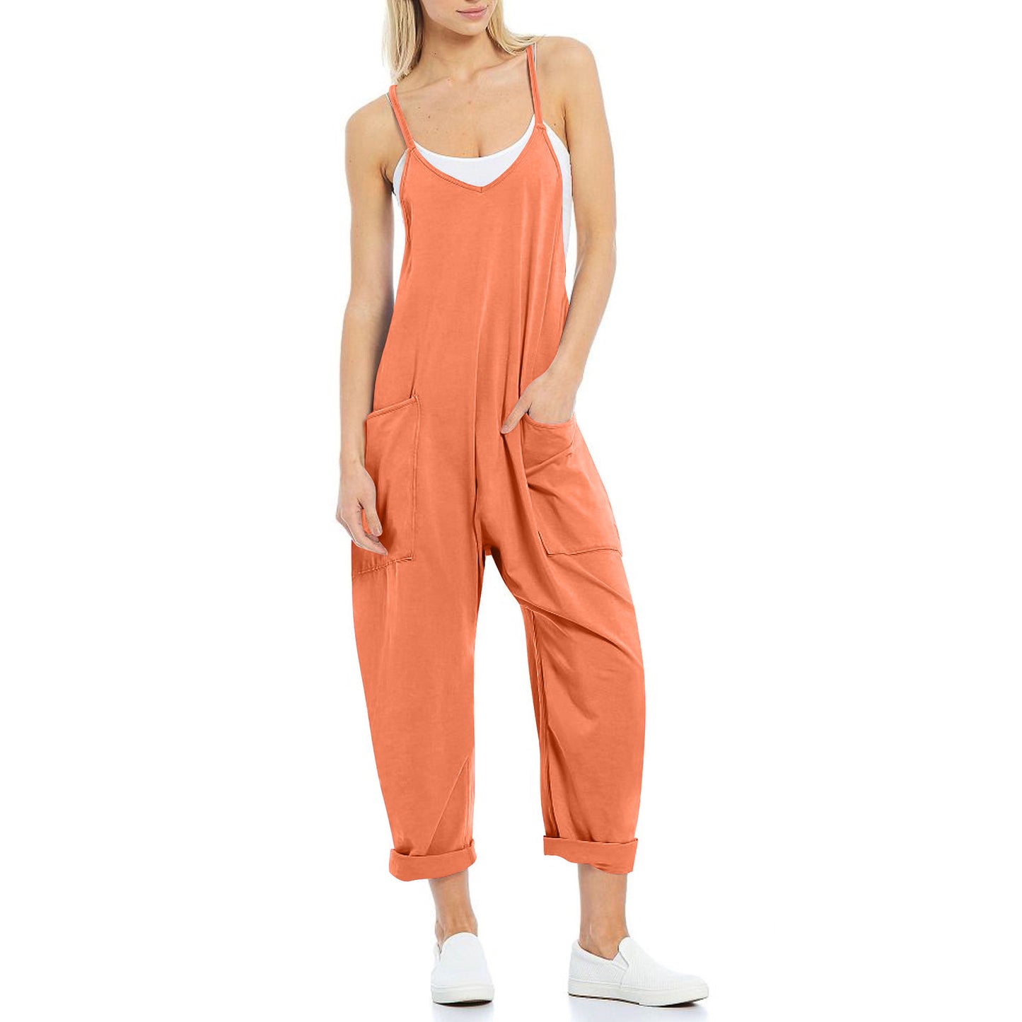 Women's Pocket Spaghetti Straps Knitted One-piece Trousers Jumpsuits