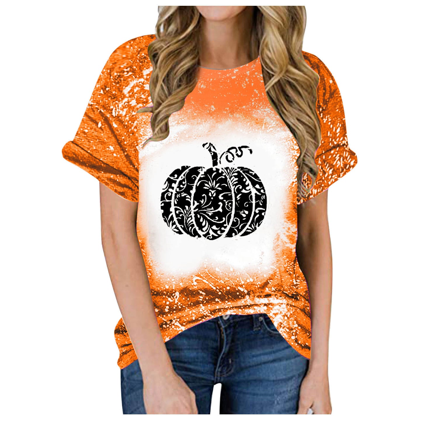 Kurzärmlige T-Shirt-Blusen mit Halloween-Kürbis-Aufdruck für Damen im Sommer