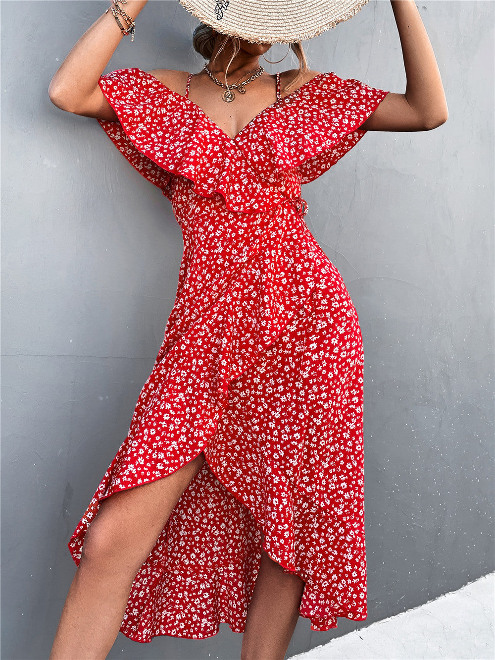 Women's Slim Floral Strap Dress Irregular Long Dresses