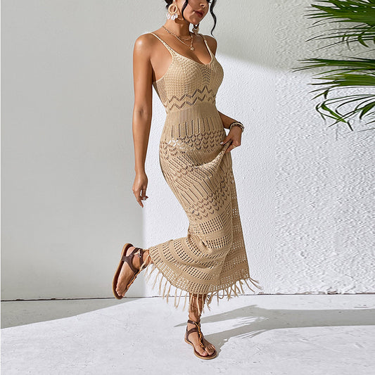 Robe longue sexy à bretelles découpées et pompon, tricot de plage