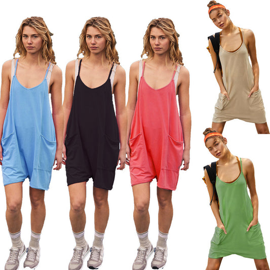 Women's Summer Casual Pocket Spaghetti Straps Knitted Jumpsuits