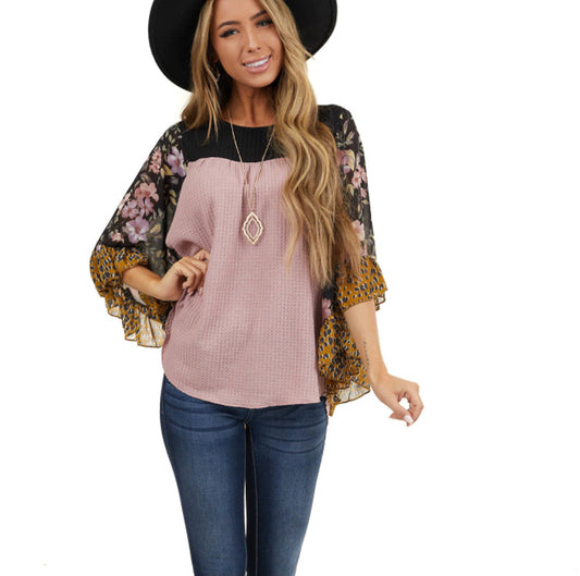 Women's Batwing Sleeve Multicolor Printing Waffle Blouses