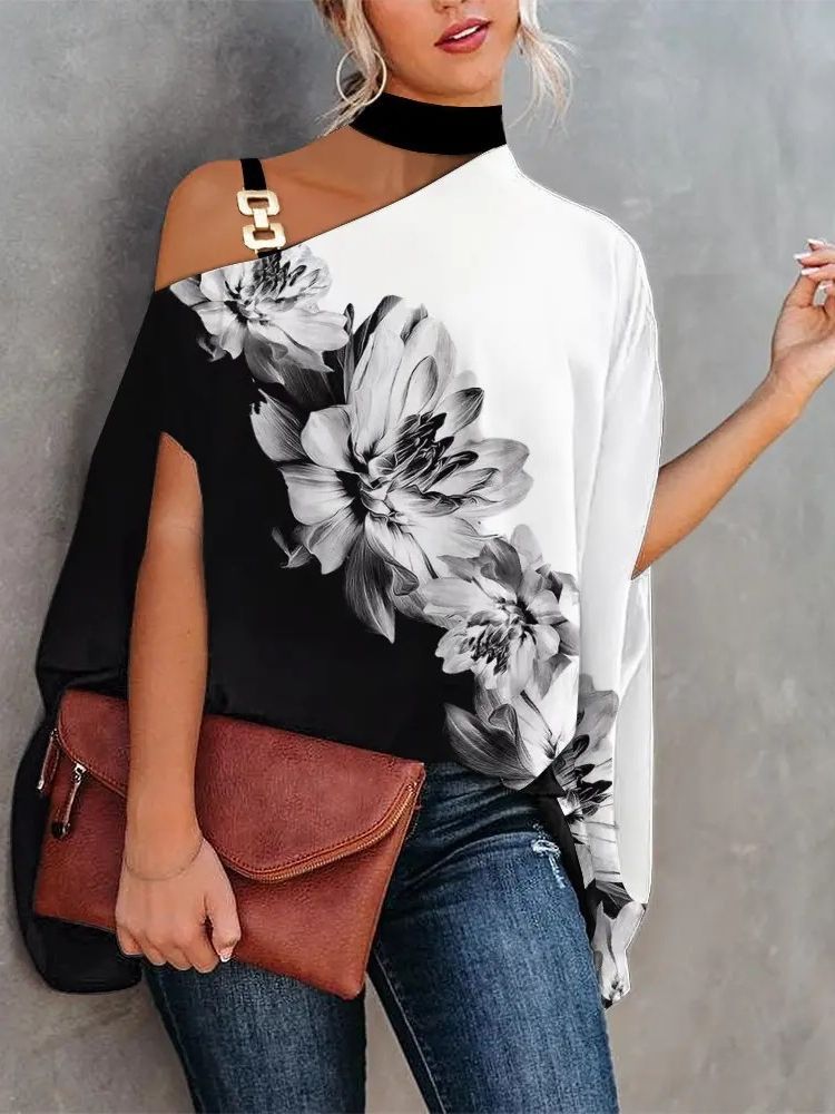 Lockere, elegante Neckholder-Blusen mit Fledermaus-Print für den Sommer für Damen