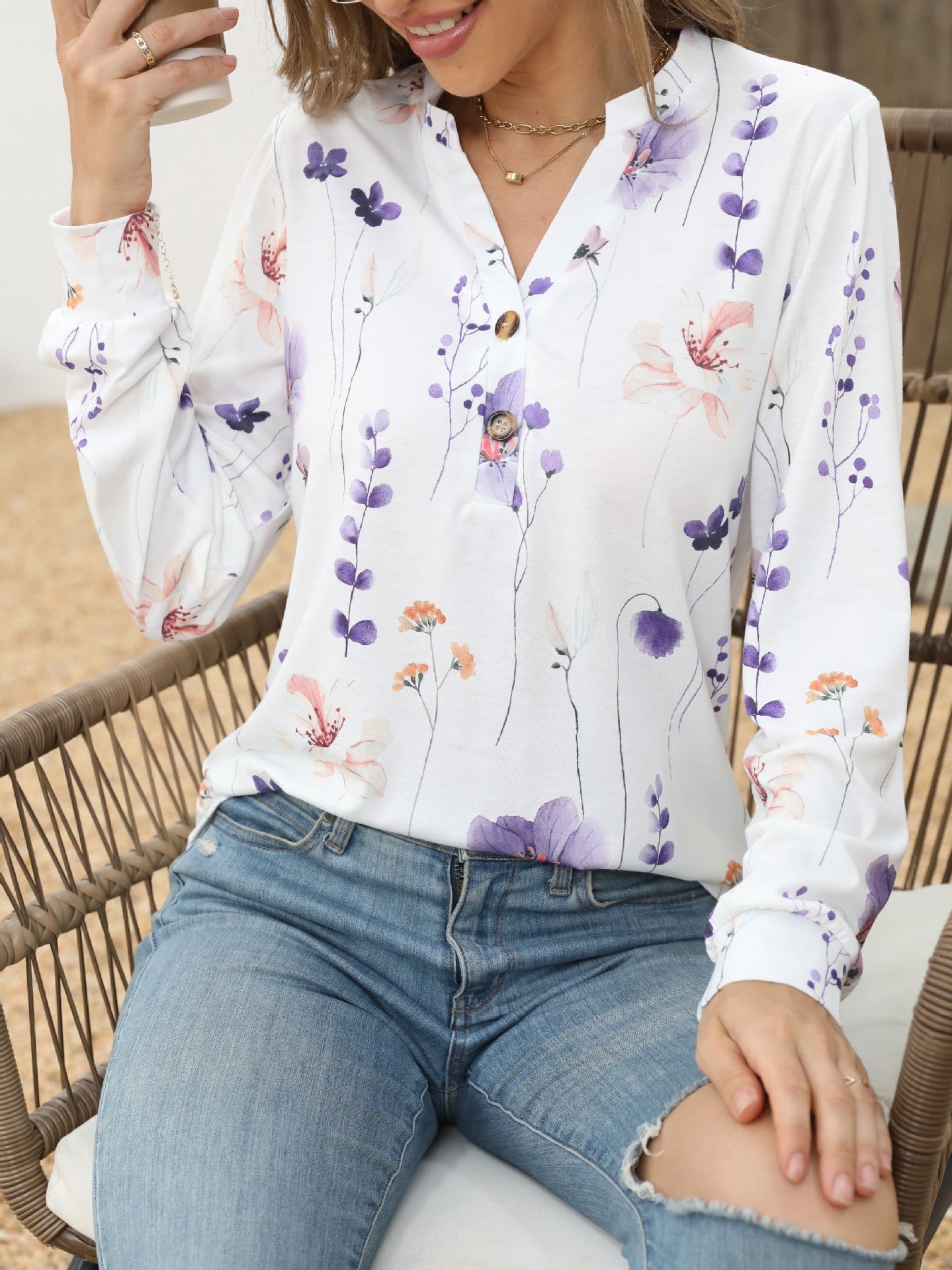 Damen Sommer Langarmshirt Pflanzenblumendruck Blusen