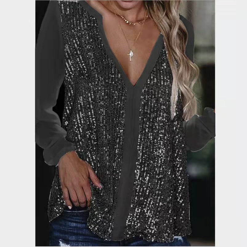 Urban Casual Sequin V-neck Long Sleeve Loose Pullover Solid Color Blouses