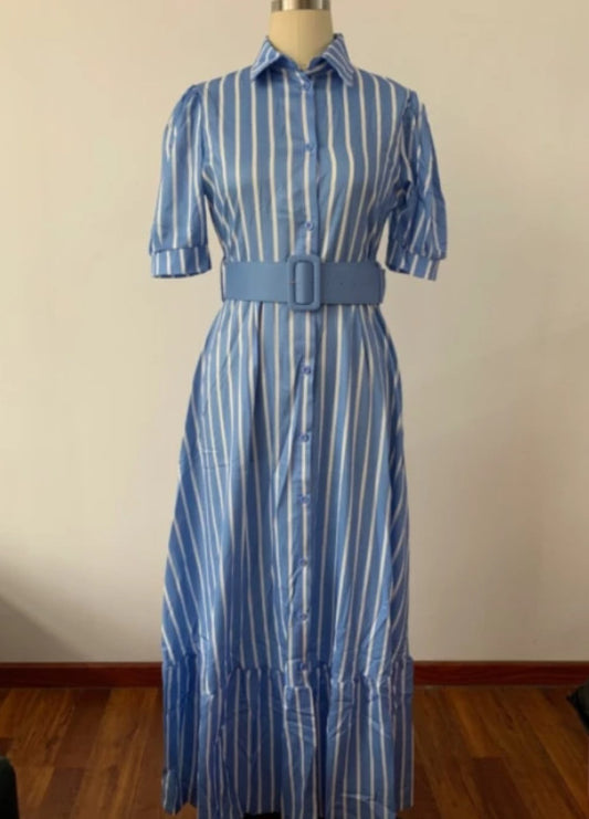 Women's Striped Long Belt Shirt Dress Blouses