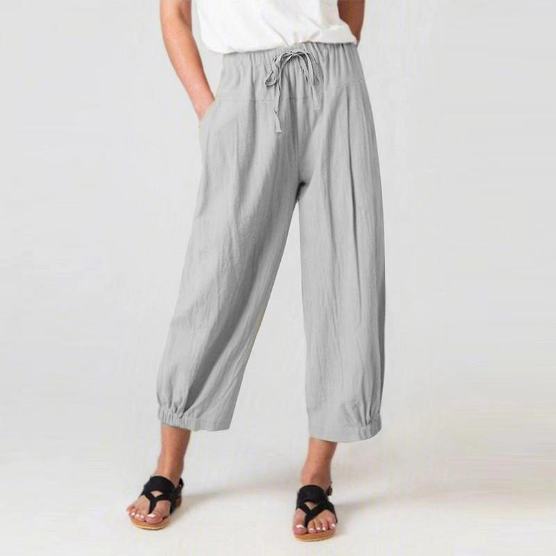 Women's Cotton Linen Drawstring Cropped Pocket Casual Pants