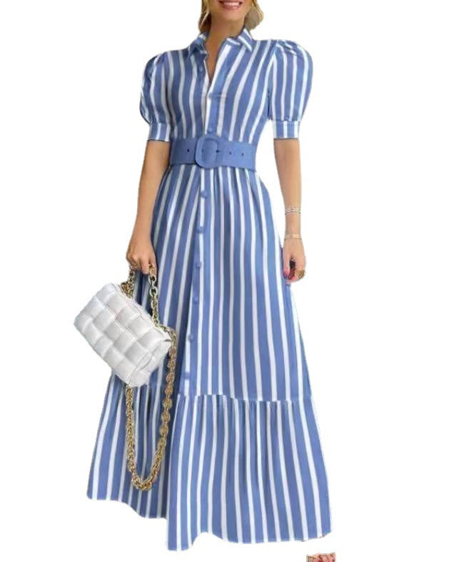 Women's Striped Long Belt Shirt Dress Blouses