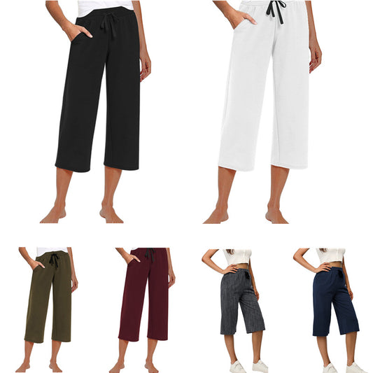 Women's Waist Casual Sports Three-quarter Length Wide Pants