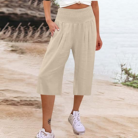 Women's Linen Cropped Waist Smocking Thin Pocket Pants