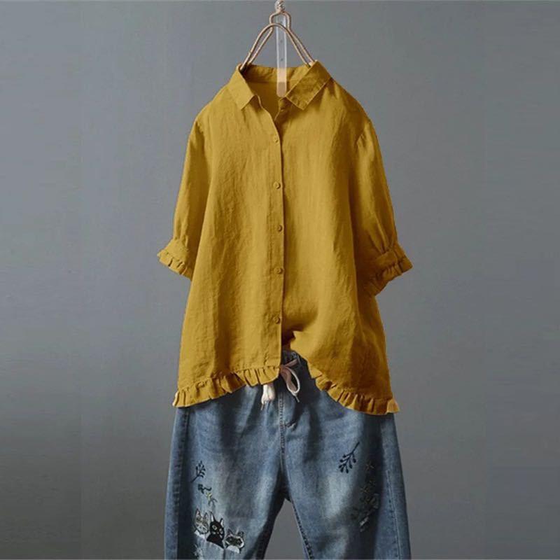 Women's Linen Casual Single-breasted Ruffled Sleeves Shirt Blouses